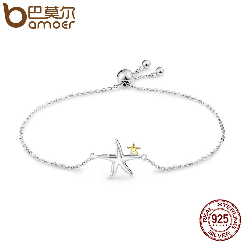 BAMOER Romantic Genuine 925 Sterling Silver Starfish Fairy Tale Women Chain Link Bracelet Luxury Sterling Silver Jewelry SCB025