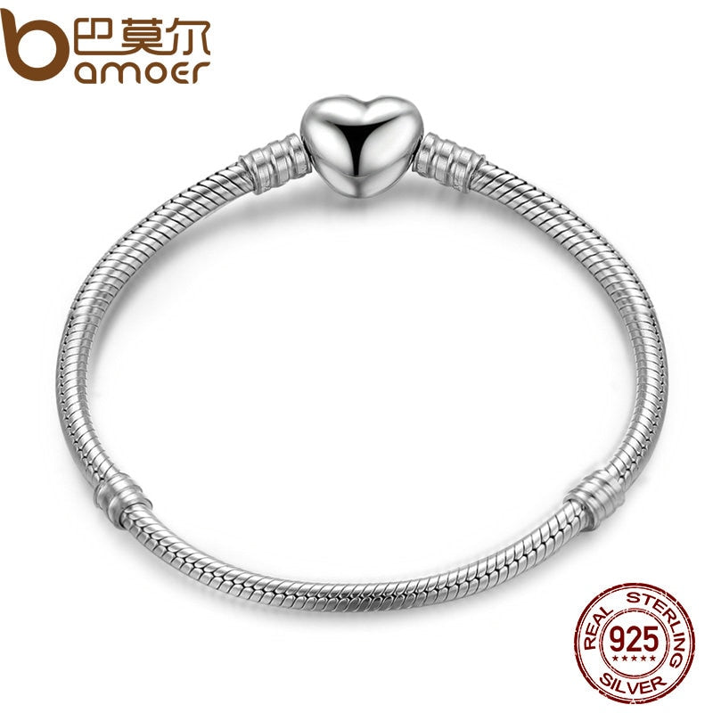 BAMOER Authentic 100% 925 Sterling Silver Snake Chain Moments Heart Bracelet & Bangle Luxury Silver Jewelry PAS917