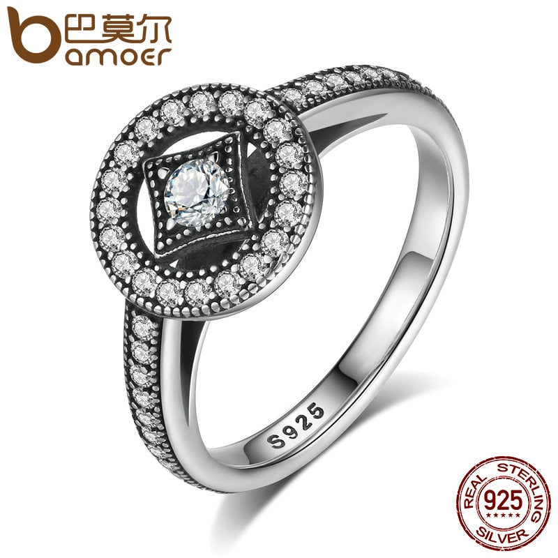 BAMOER Classic 100% 925 Sterling Silver Vintage Allure, Clear CZ Finger Ring Women Luxury Fashion Jewelry S925 PA7199