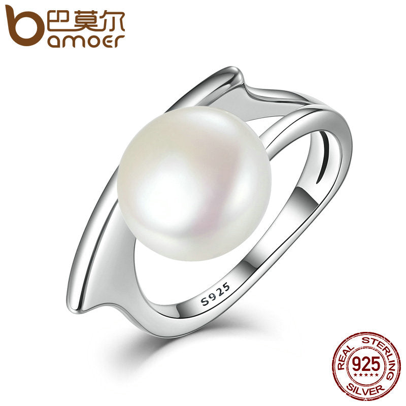 BAMOER New Collection Authentic 100% 925 Sterling Silver Fresh Water Cultured Pearl Rings for Women Wedding Jewelry SCR034