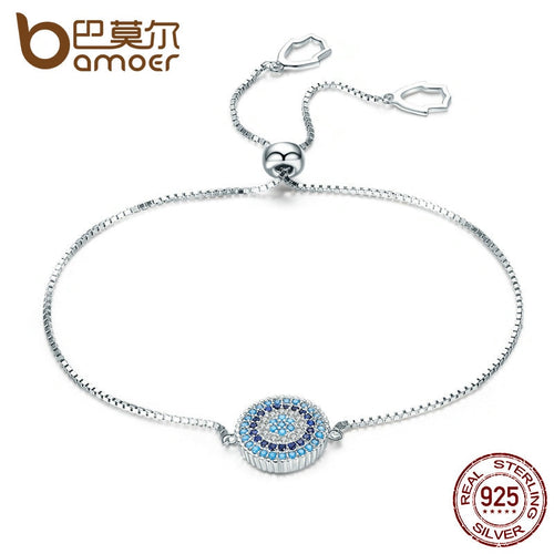 BAMOER 925 Sterling Silver Luxury Round Blue Lucky Eyes Power Bracelet Pave CZ Adjustable Link Chain Bracelets Jewelry SCB005