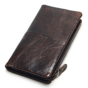 The 2018 New First Layer Of Real Leather Men's Oil Wax Retro High-Capacity Multi-Card Bit Long Wallet  Clutch Men Genuine