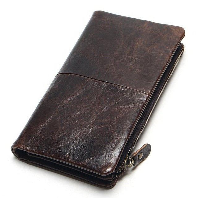 The 2018 New First Layer Of Real Leather Men's Oil Wax Retro High-Capacity Multi-Card Bit Long Wallet  Clutch Men Genuine