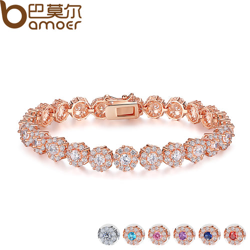 BAMOER 7 Colors  Rose Gold Color Chain Link Bracelet for Women Ladies Shining AAA Cubic Zircon Crystal Jewelry Gift  JIB012