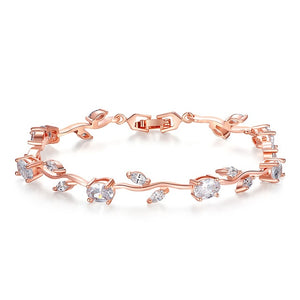 BAMOER  Rose Gold Color Leaf Chain & Link Bracelet with Red + Green AAA Zircon for Mother Gifts Jewelry JIB072