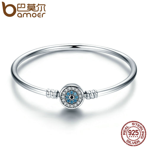 BAMOER High Quality Authentic 925 Sterling Silver Blue Eyes Clear CZ Snake Chain Heart Bangle & Bracelet Luxury Jewelry SCB012