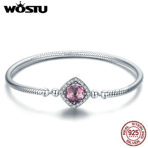 WOSTU Authentic 100% 925 Sterling Silver Cute Cat Glittering CZ Snake Strand Chain Bracelets Bangle for Women Silver Jewelry