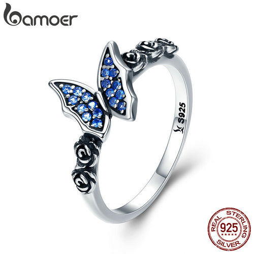 BAMOER Spring Collection 925 Sterling Silver Butterfly & Flower Blue CZ Finger Rings for Women Sterling Silver Jewelry SCR285