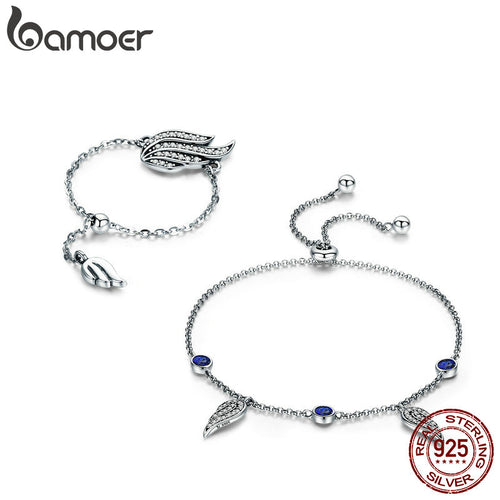 BAMOER Authentic 100% 925 Sterling Silver Fairy Wings Feather Female Ring Bracelet Silver Jewelry Set Authentic Silver Jewelry