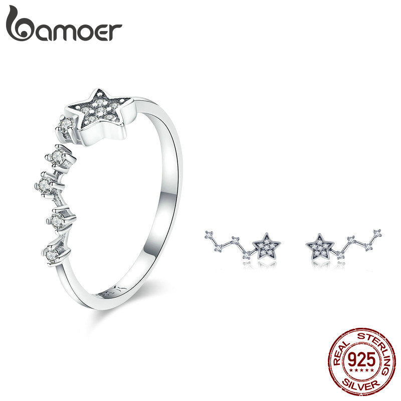 BAMOER Authentic 925 Sterling Silver Sparkling Star Clear CZ Rings Earrings for Women Jewelry Set Sterling Silver Jewelry Gift