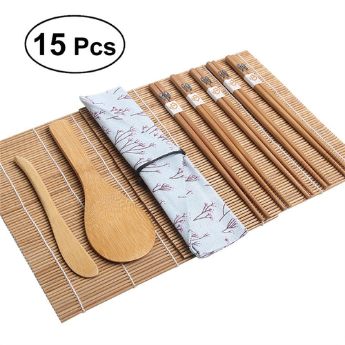 15pcs Bamboo Sushi Making Kit Includes 2 Sushi Rolling Mats 1 Towl 1 Rice Paddle 1 Rice Spreader 5 Pairs Chopsticks