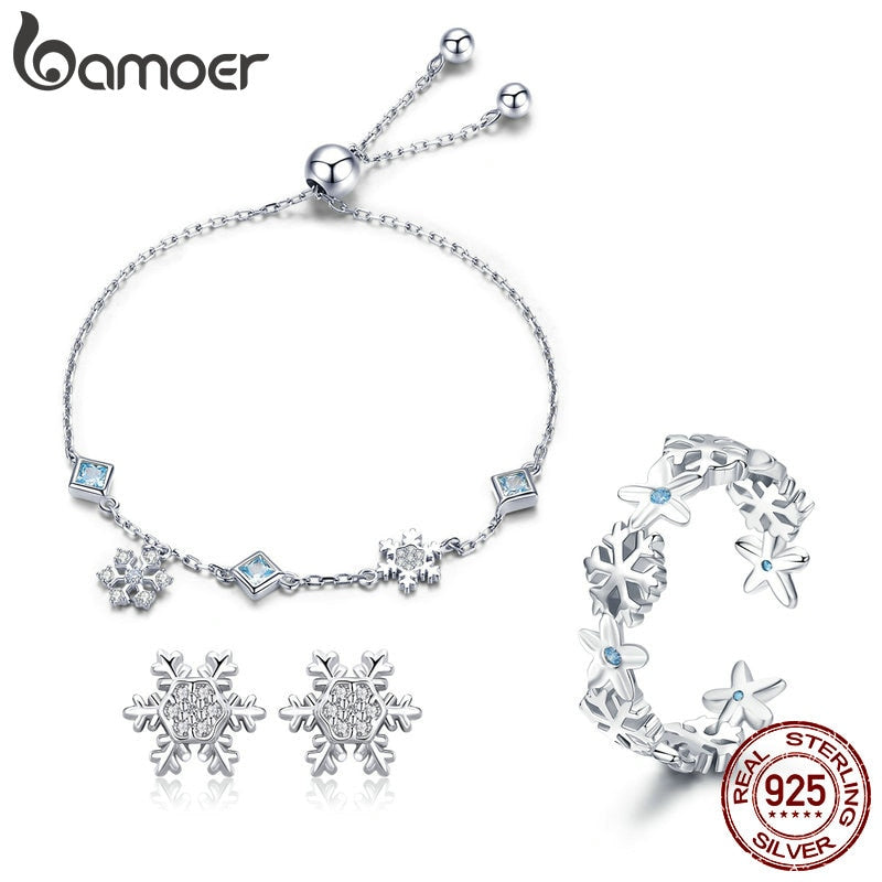 BAMOER Fashion 925 Sterling Silver Winter Gift Snowflake Bracelets & Earrings & Rings Jewelry Sets Sterling Silver Jewelry Set