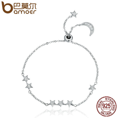 BAMOER New Arrival Genuine 925 Sterling Silver Sweet Whisper of Moon & Star Clear CZ Link Bracelet Luxury Silver Jewelry SCB007