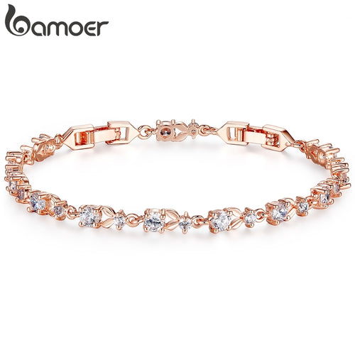 BAMOER 6 Colors Luxury Rose Gold Color Chain Link Bracelet for Women Ladies Shining AAA Cubic Zircon Crystal Jewelry JIB013