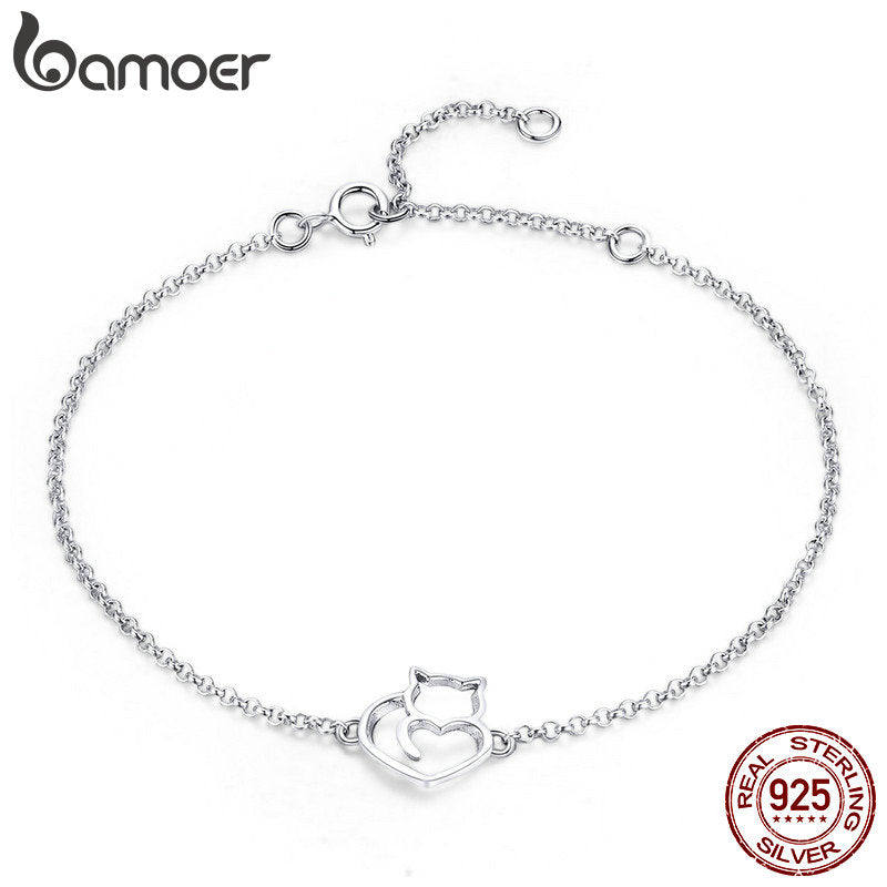 BAMOER 100% 925 Sterling Silver Cat And Heart Link Chain Bracelets & Bangles for Women Authentic Silver Jewelry Gift SCB102