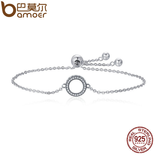 BAMOER Trendy 925 Sterling Silver Glittering Round Circle Chain Link Strand Bracelets for Women Sterling Silver Jewelry SCB030